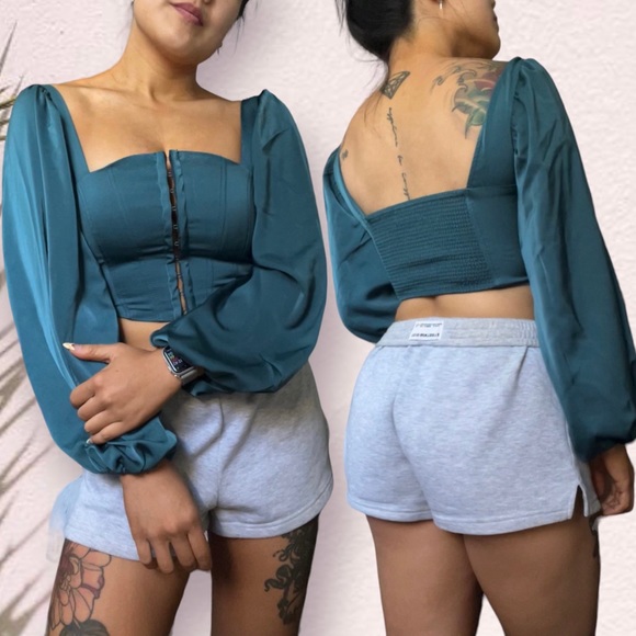 URBAN OUTFITTERS | TEAL CORSET TOP WITH BALLOON SLEEVES - Picture 6 of 6